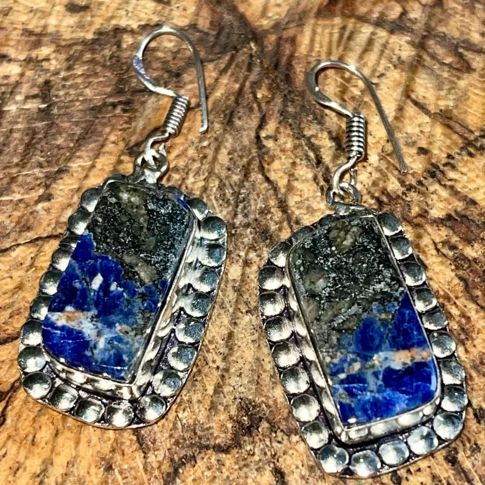 Navy Sodalite with Pyrite Earrings 1 1/2” - Picture 2 of 11